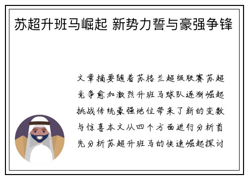 苏超升班马崛起 新势力誓与豪强争锋